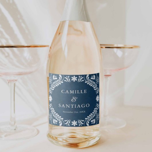 Blue Talavera Mexican Wedding Schaumweinetikett