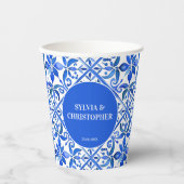 Blue Talavera Spanische Ziegel Monogramm Hochzeit Pappbecher (Vorderseite)