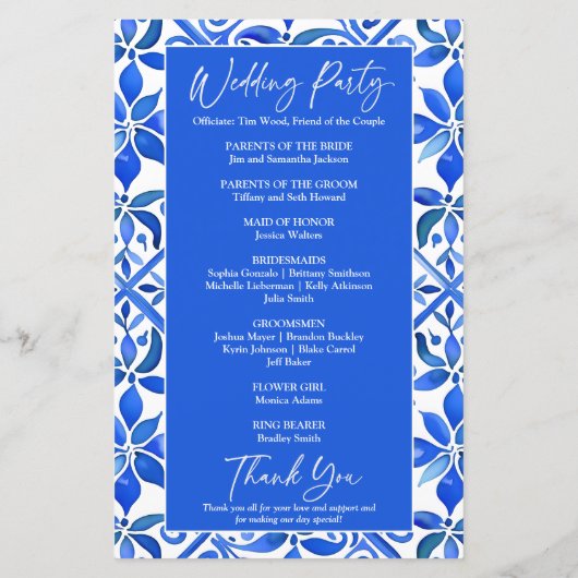 Blue Talavera Spanisches Hochzeitsprogramm (Rückseite)