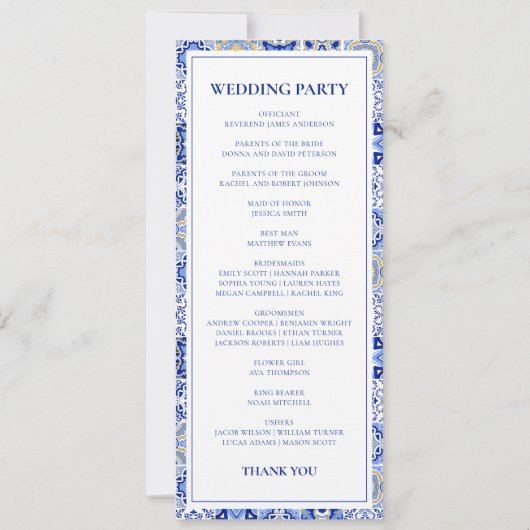 Blue Talavera Spanisches Hochzeitsprogramm (Rückseite)