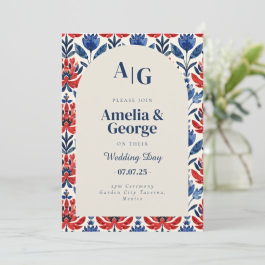 Blue Talavera Tile Mexican Wedding Einladung (Stehend Vorderseite)