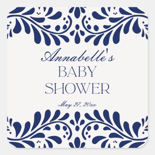 Blue Talavera Tile Spanische Fiesta Babydusche Quadratischer Aufkleber (Vorderseite)