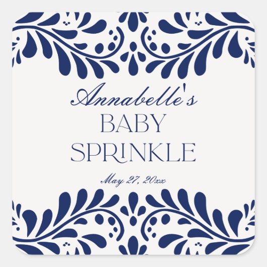 Blue Talavera Tile Spanish Fiesta Baby Sprinkle Quadratischer Aufkleber (Vorderseite)