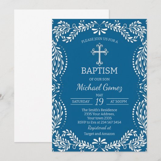 Blue Talavera Tile Spanish Fiesta Baptism Einladung (Vorne/Hinten)