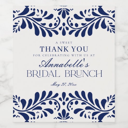 Blue Talavera Tile Spanish Fiesta Bridal Brunch Weinetikett (Einzelnes Label)
