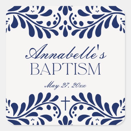 Blue Talavera Tile Spanish Fiesta Taufe Gefallen Quadratischer Aufkleber (Vorderseite)