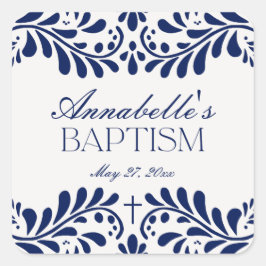 Blue Talavera Tile Spanish Fiesta Taufe Gefallen Quadratischer Aufkleber