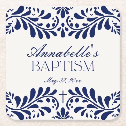 Blue Talavera Tile Spanish Fiesta Taufe Rechteckiger Pappuntersetzer (Vorderseite)