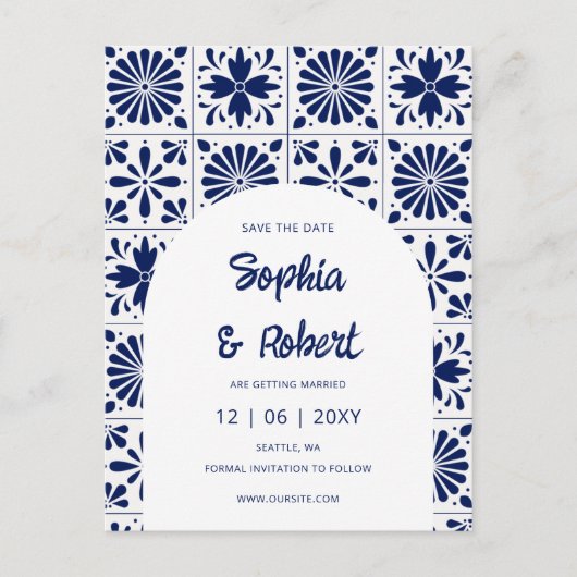 Blue Talavera Tiles Save the Date der mexikanische Ankündigungspostkarte (Vorderseite)