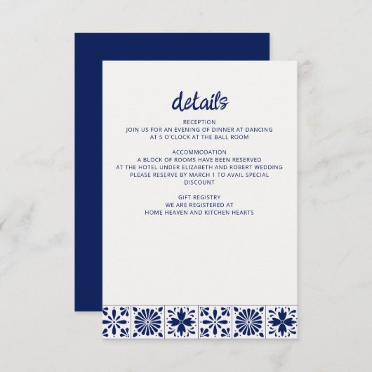 Blue Talavera Tiles Wedding Begleitkarte (Vorne/Hinten)