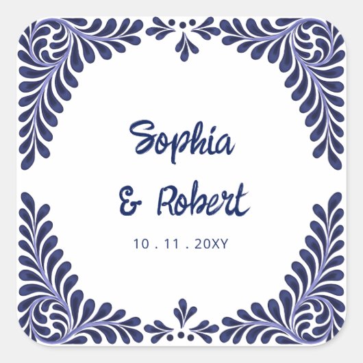 Blue Talavera Tiles Wedding Quadratischer Aufkleber (Vorderseite)