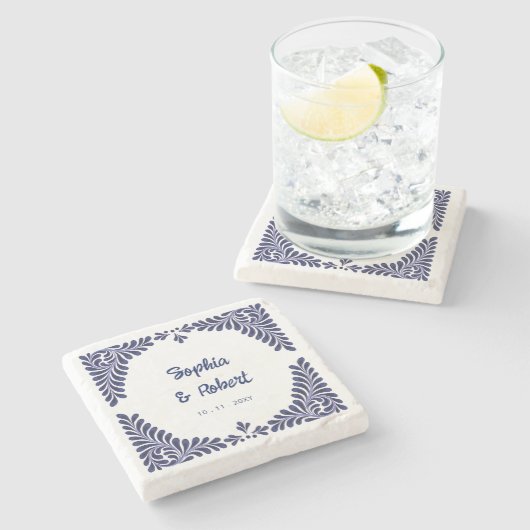 Blue Talavera Tiles Wedding Steinuntersetzer (Seitenansicht)