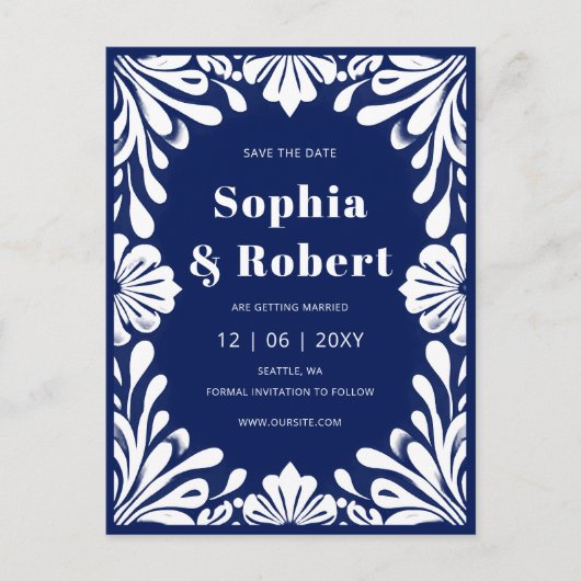 Blue Talavera Wedding der mexikanischen Marine ret Ankündigungspostkarte (Vorderseite)