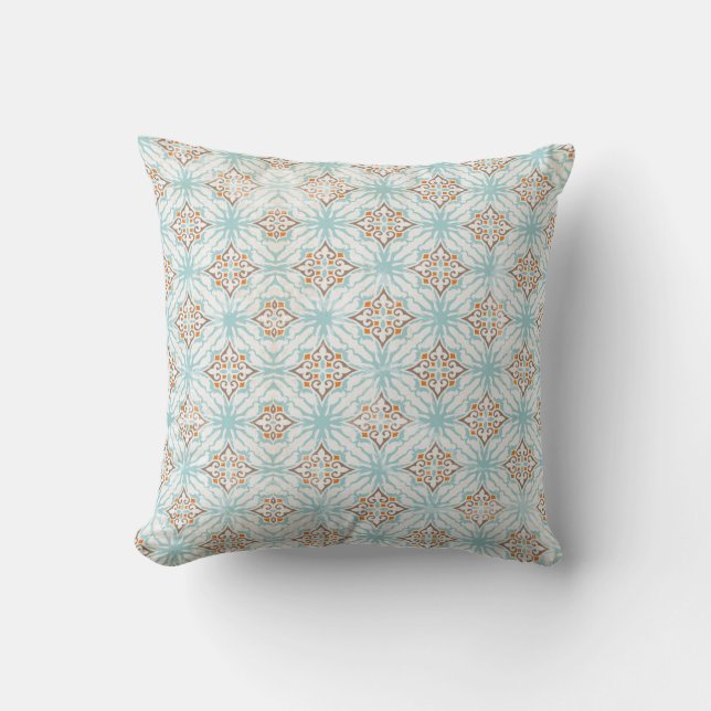 Blue Tan Cream Orange Gemustert Throw Kissen (Vorderseite)