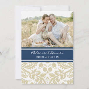 Blue Tan Damask Foto Probe Abendessen Party Einladung