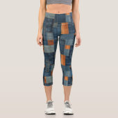Blue & Tan Denim Patchwork Benutzerdefinierter Tex Capri Leggings (Vorderseite)