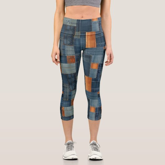 Blue & Tan Denim Patchwork Benutzerdefinierter Tex Capri Leggings (Vorderseite)