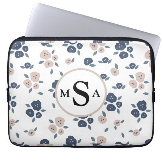 Blue Tan Floral Monogram Initials Bauernhof Laptopschutzhülle (Vorderseite)