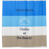 Blue Tan und White Stripes Family Beach House Duschvorhang (Vorderseite)