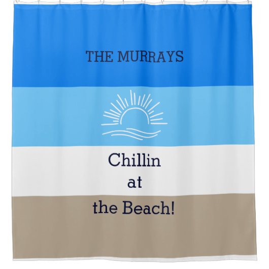 Blue Tan und White Stripes Family Beach House Duschvorhang (Vorderseite)