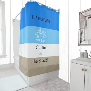 Blue Tan und White Stripes Family Beach House Duschvorhang