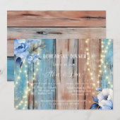 Blue Tan Wood Floral Lights Probe Dinner Einladung (Vorne/Hinten)