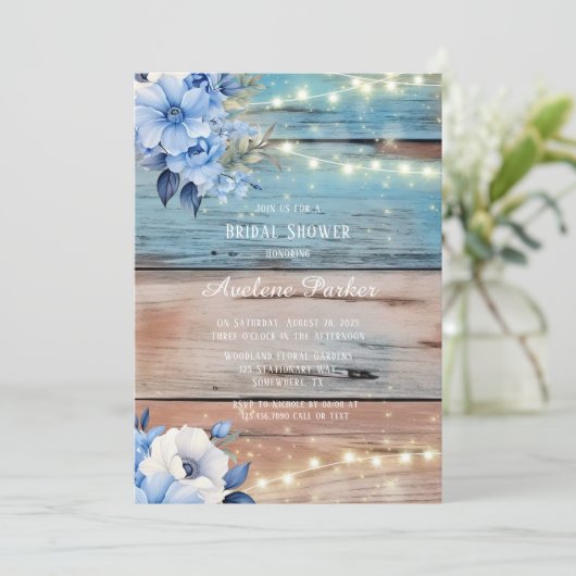 Blue Tan Wood Lights Florals Brautparty Einladung (Stehend Vorderseite)
