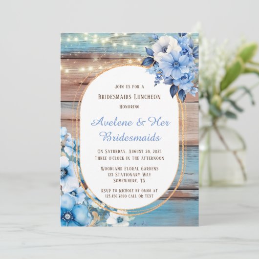 Blue Tan Wood Lights Florals Bridesmaids Luncheon Einladung (Stehend Vorderseite)
