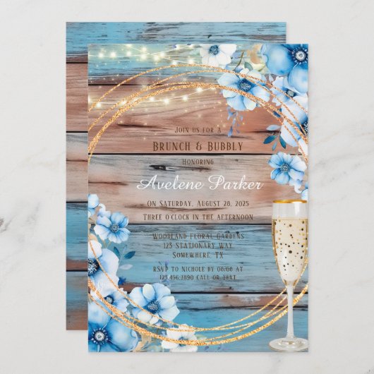 Blue Tan Wood Lights Florals Brunch & Bubbly Einladung (Vorne/Hinten)