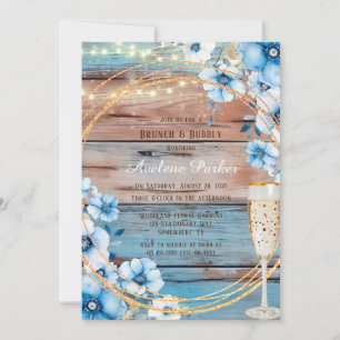 Blue Tan Wood Lights Florals Brunch & Bubbly Einladung