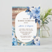 Blue Tan Wood Lights Florals Wedding Celebration Einladung (Stehend Vorderseite)