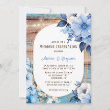 Blue Tan Wood Lights Florals Wedding Celebration