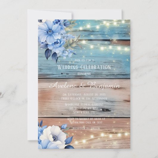 Blue Tan Wood Lights Florals Wedding Celebration Einladung (Vorderseite)