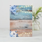 Blue Tan Wood Lights Florals Wedding Celebration Einladung (Stehend Vorderseite)