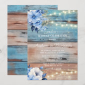 Blue Tan Wood Lights Florals Wedding Celebration Einladung (Vorne/Hinten)
