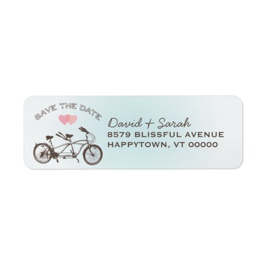 Blue Tandem Bicycle Save the Date Label (Vorne)