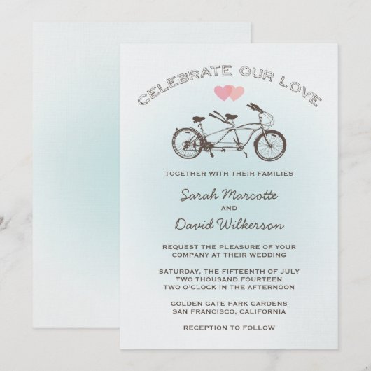 Blue Tandem Bicycle Wedding Einladung (Vorne/Hinten)