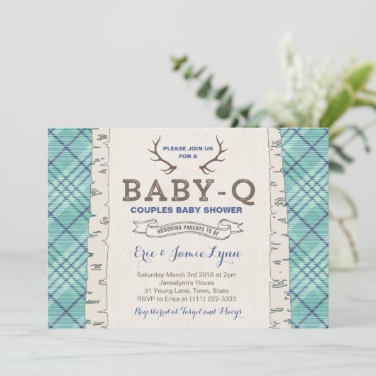 Blue Tartan Couples Kinderdusche für Jungen Einladung (Stehend Vorderseite)