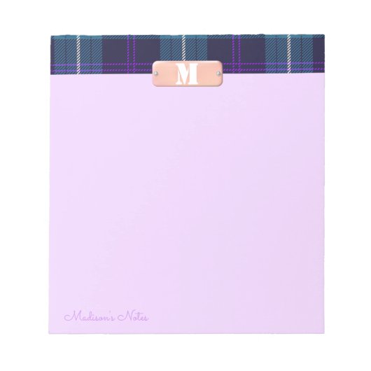 Blue Tartan Custom Script Monogram Bright Lilac Notizblock (Vorderseite)