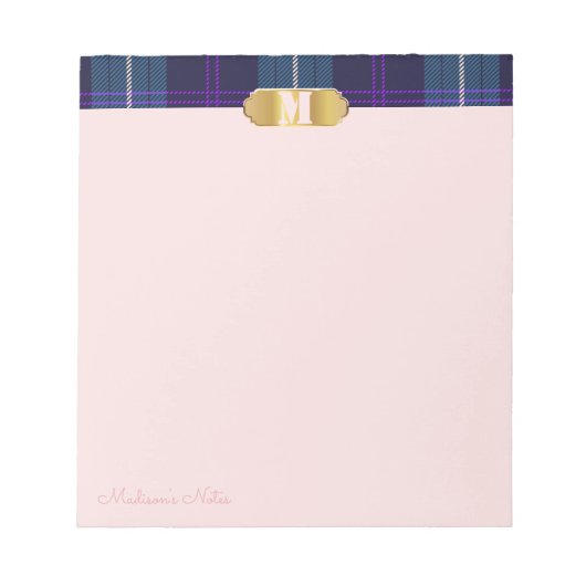 Blue Tartan Golden Custom Script Monogram Apricot Notizblock (Vorderseite)