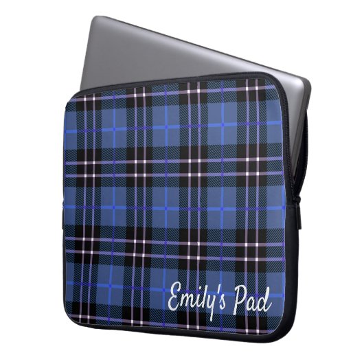 Blue Tartan Kariert mit Name Laptopschutzhülle (Vorderseite Links)