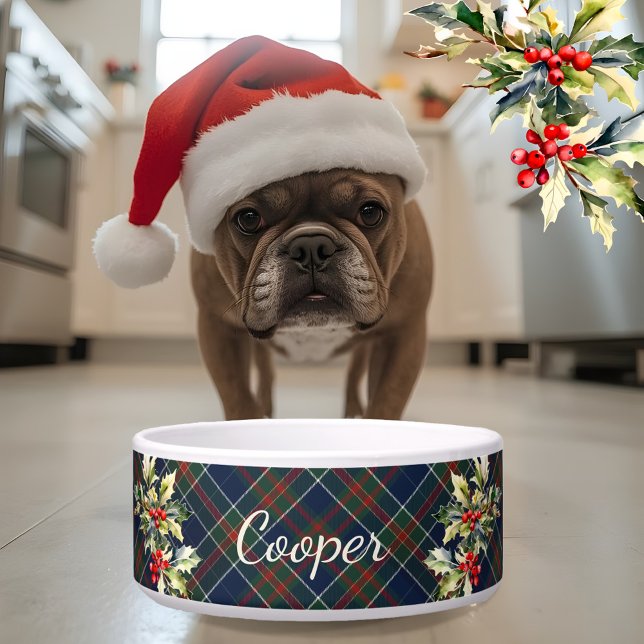Blue tartan Kariert Weihnachten Holly Name Hund Napf (Von Creator hochgeladen)