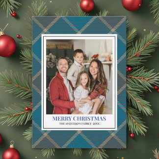 Blue Tartan Plaid with Christmas Family Photo Feiertagskarte