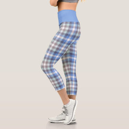 Blue Taupe Tartan Kariertes Muster Capri Leggings