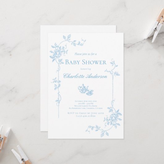 Blue Tea Party Baby Dusche Einladung (Vorderseite/Rückseite Beispiel)