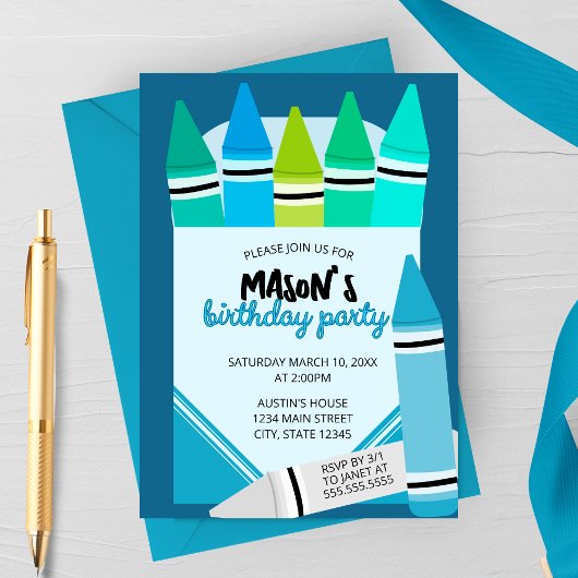 Blue & Teal Crayon Birthday Party Invitation Einladung