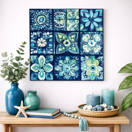 Blue Teal Floral Tile Mandala Watercolor Wall Art Poster