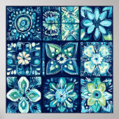 Blue Teal Floral Tile Mandala Watercolor Wall Art Poster (Vorne)