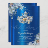 Blue Teapot Floral Blue Metallic Baby Dusche Einladung (Vorne/Hinten)