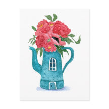 Blue Teapot House mit roten Blume Postkarte